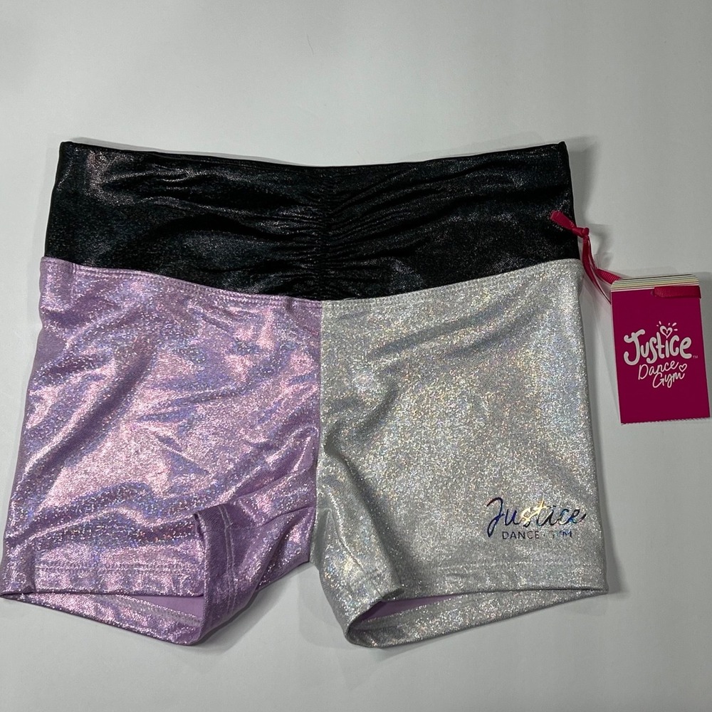 Justice Girls Iridescent Purple Silver Black Foil Dance Gym Shorts Size M 10 New